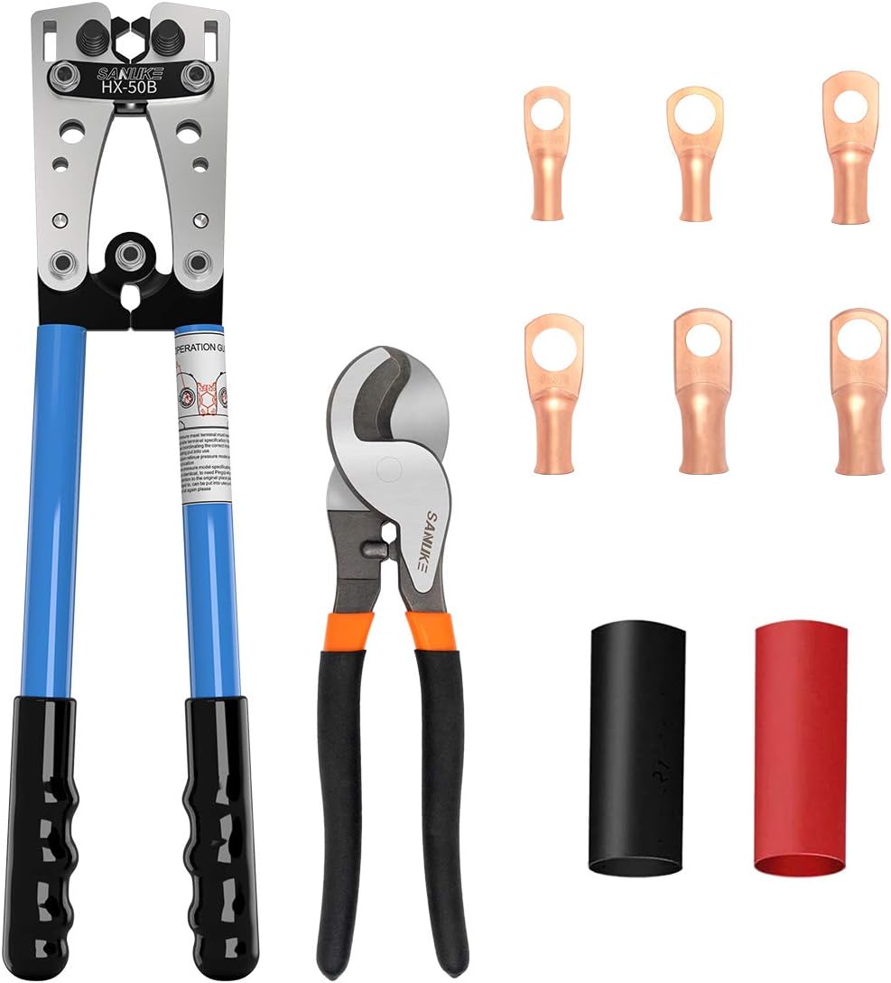 SanukeBattery Cable wire Lug Crimping Tool for AWG 8-1/0 Electrical Lug Crimper with Cable Cutter and 12PCS Lugs Tubular Ring Terminal Connectors and 10PCS 3:1 Dual Wall Adhesive Heat Shrink Tubing