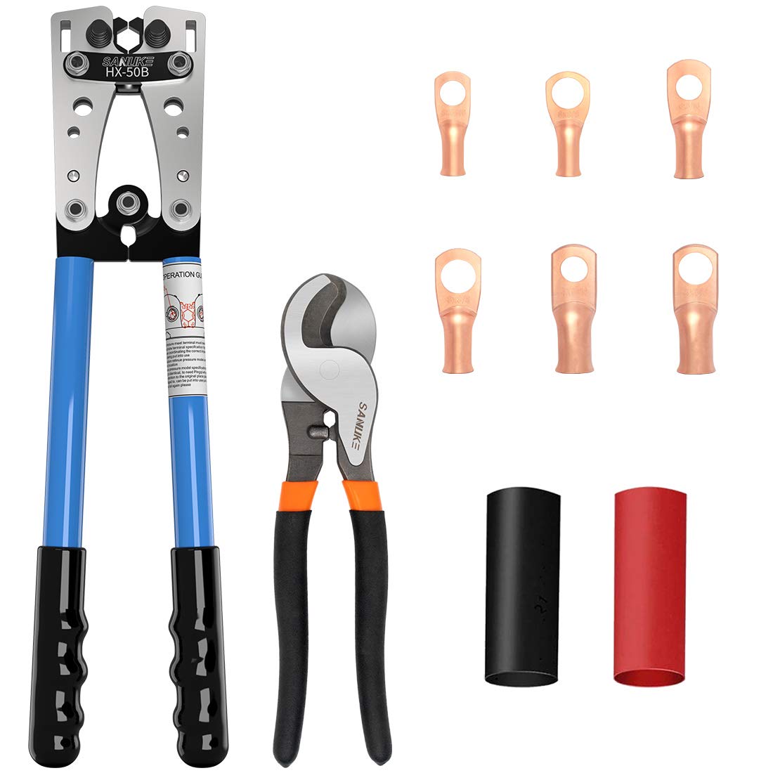 SanukeBattery Cable wire Lug Crimping Tool for AWG 8-1/0 Electrical Lug Crimper with Cable Cutter and 12PCS Lugs Tubular Ring Terminal Connectors and 10PCS 3:1 Dual Wall Adhesive Heat Shrink Tubing