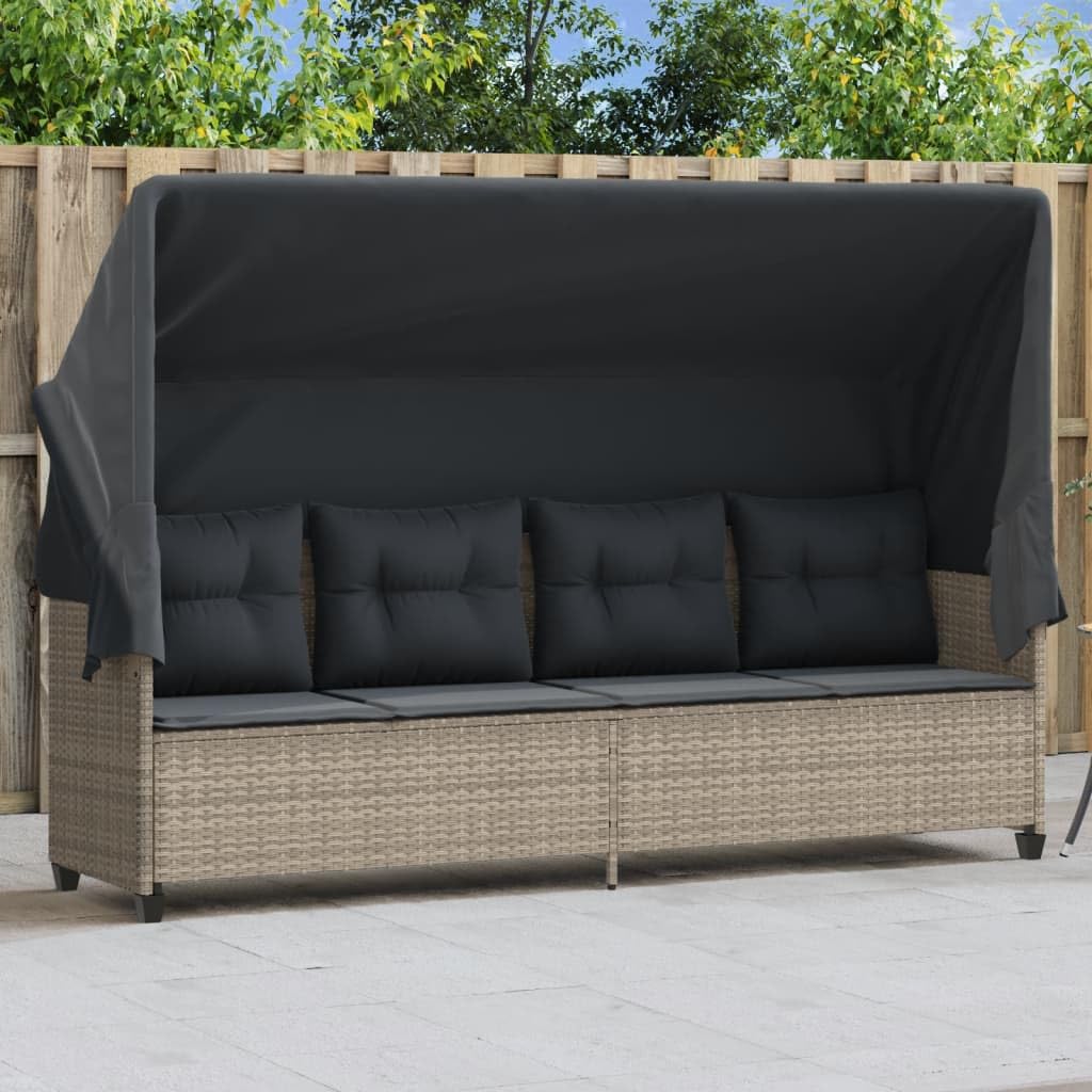 Lettino prendisole con tettuccio e cuscino grigio chiaro in polyrattan regolabile pieghevole con rivestimento sfoderabile ideale per giardino, balcone, piscina, spiaggia, terrazza, sdraio