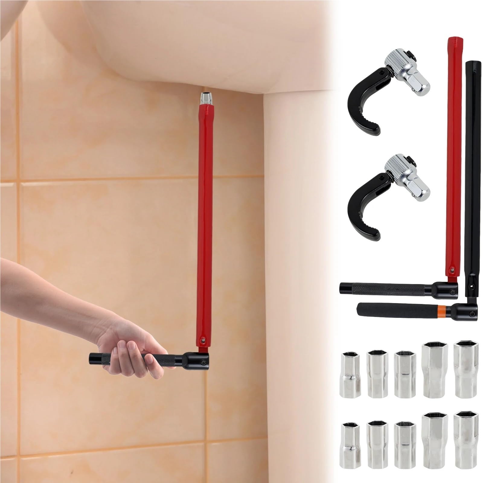 Juego de llaves de tubo métricas Llave de grifo de acero al carbono, vaso de fontanero con 5 vasos y 1 mandril, tuerca trasera for grifo, herramienta de instalación de lavabo(Color 8)