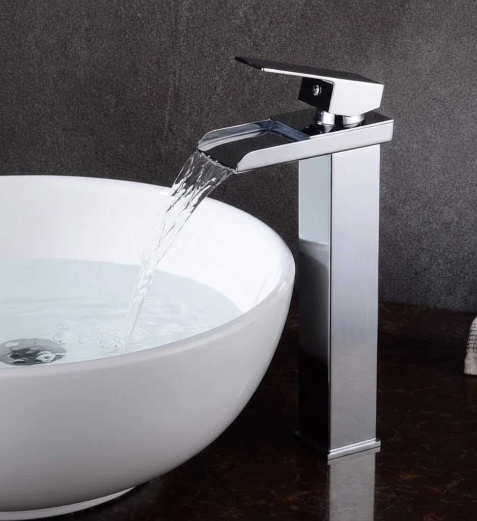 Miscelatore Monocomando a Cascata Alto per Lavabo, Rubinetto Bagno Moderno in Acciaio Cromato, Design Squadrato con Aeratore Anticalcare e Risparmio Idrico, Altezza 320mm