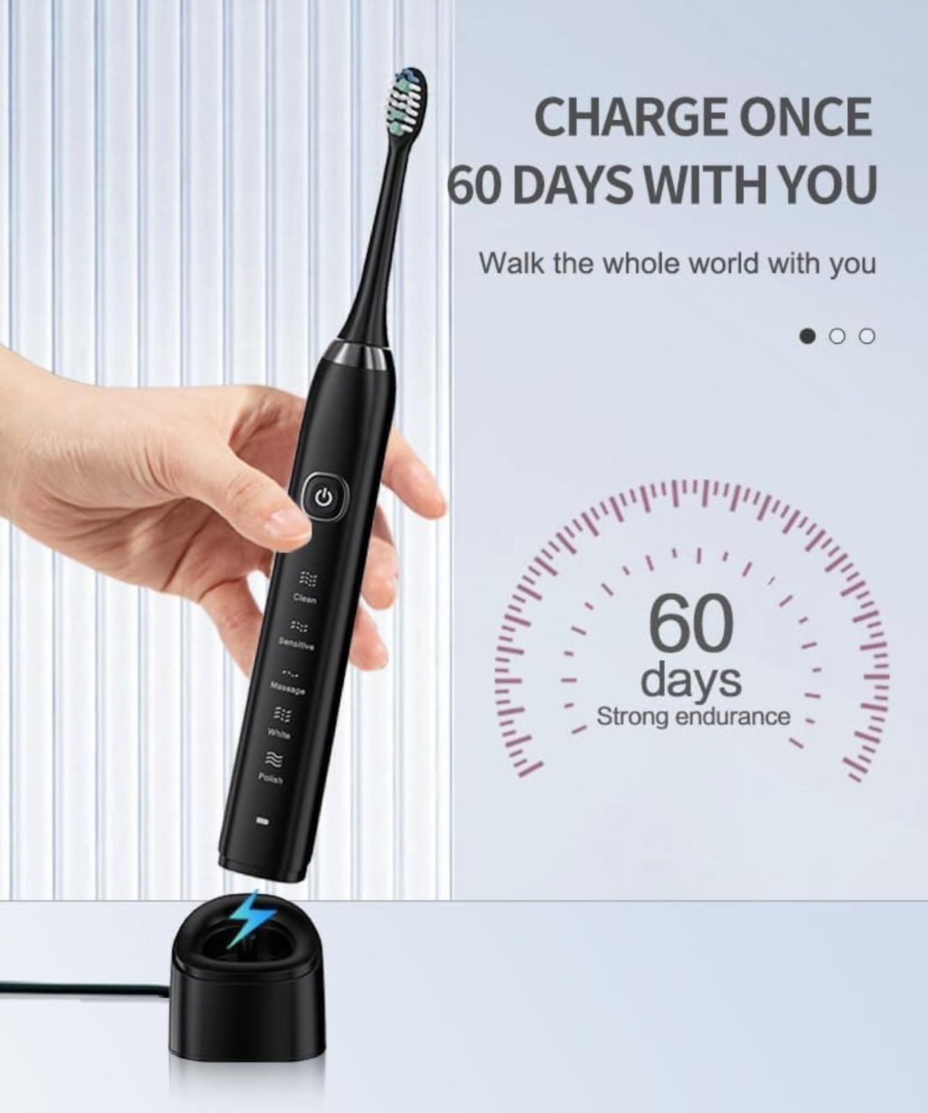 Cepillo de dientes eléctrico Sonic para adultos con 5 modos de limpieza, temporizador inteligente de 2 minutos, batería de larga duración de 60 días, cepillo de dientes recargable con cerdas
