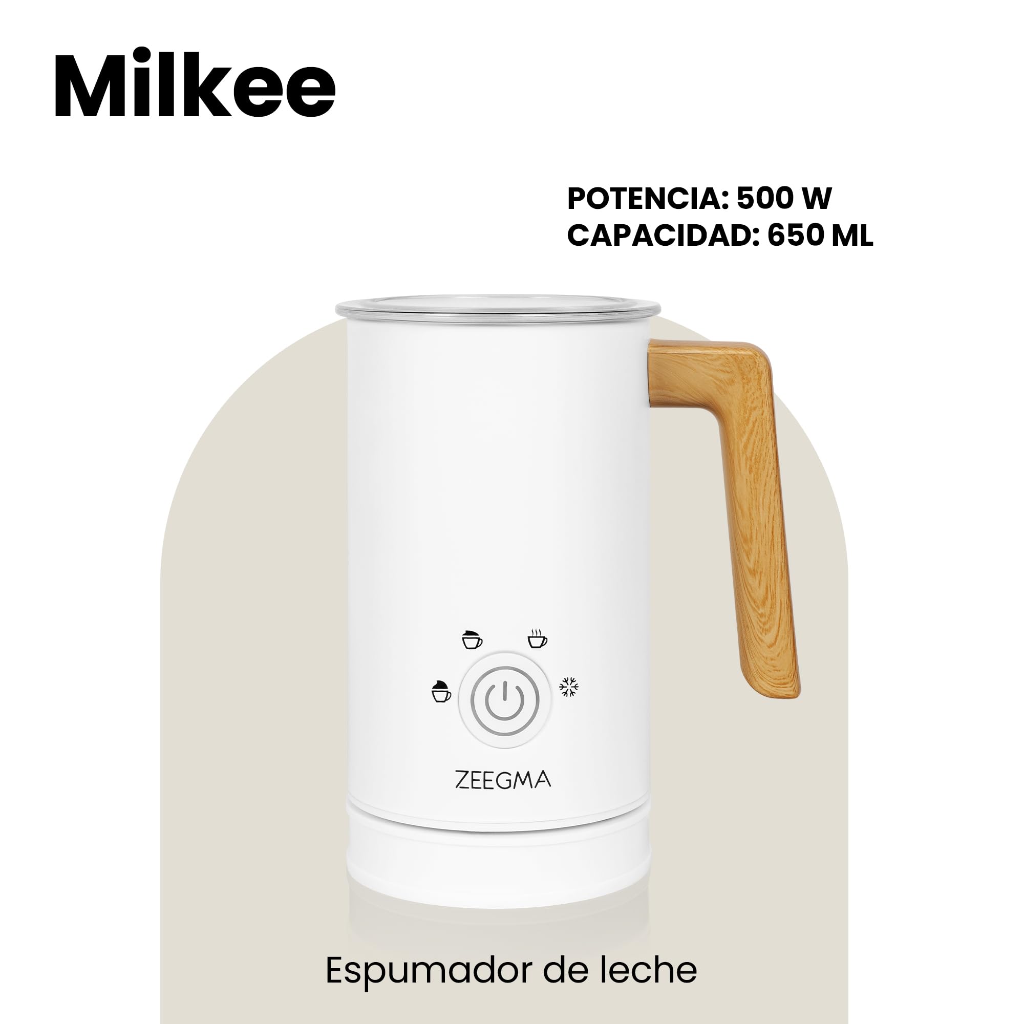Zeegma Milkee - Espumador de Leche Eléctrico Milkee 650ml, Potencia de 500W, 4 Modos para Espumar y Calentar, Diseño Moderno con Mango de Madera, Fácil de Limpiar, Revestimiento Antiadherente - Blanco