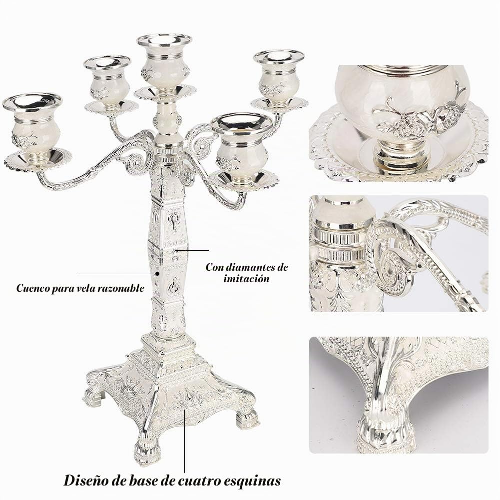 Jenngaoo Candelabro de Metal, 5 Brazos, Vintage, para Hogar y Bodas, Plateado