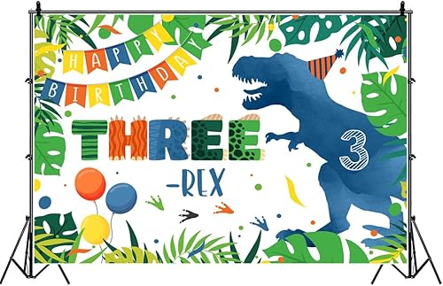 Miniatura 3 de Telón de fondo de tercer cumpleaños de dinosaurio azul de 6 x 4 pies con dibujos animados de tres rex, hojas de palma verdes, fondo de fotografía