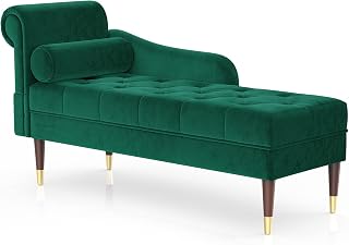 Vesgantti Velvet Chaise Longue, Indoor Lounge Sofa with Left Armrest and Lumbar Pillow, Upholstered Chaise Lounge for Living Room Bedroom and Office, Tool-free Assembly(Green)