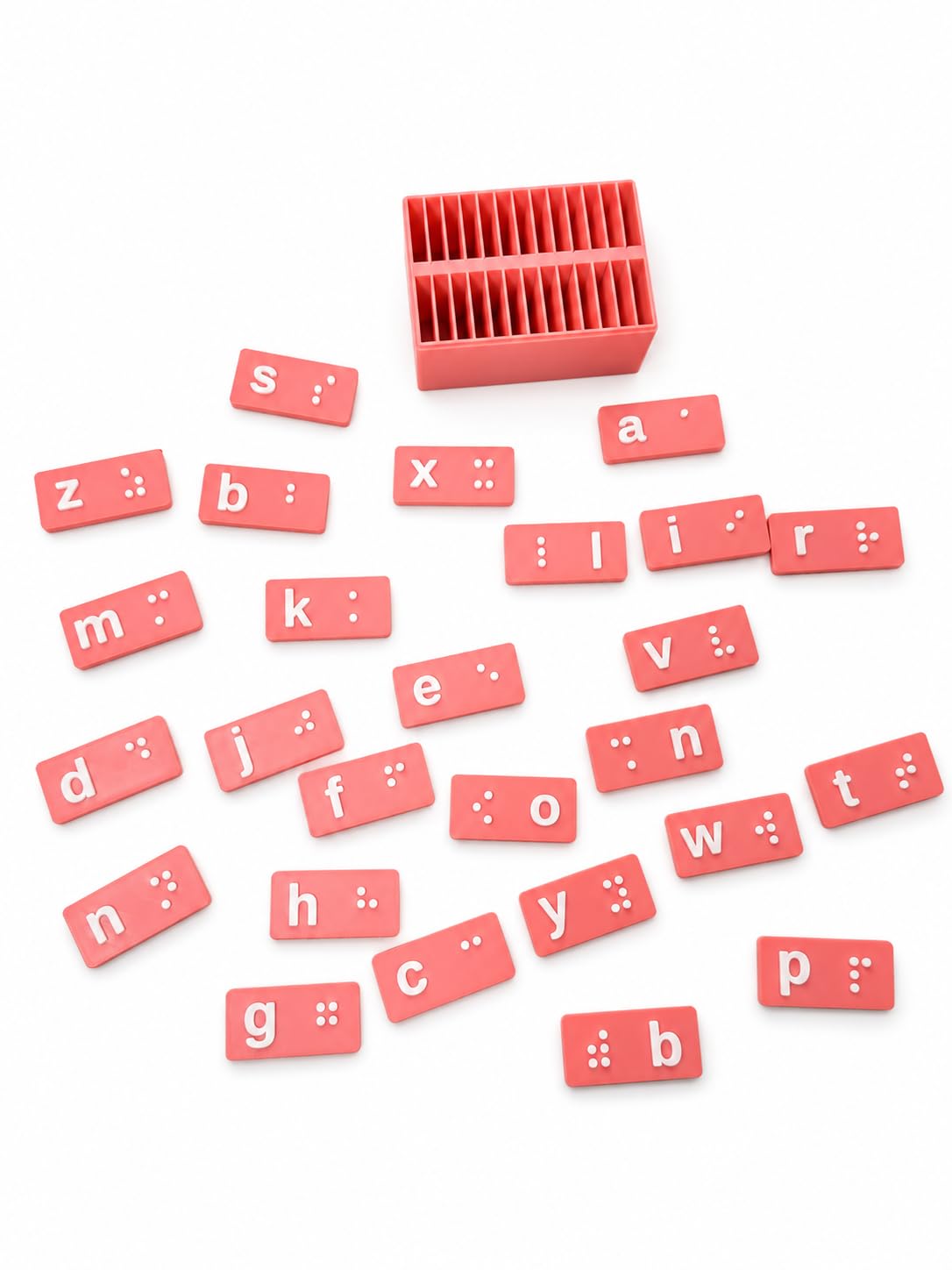 Braille Alphabet Learning Toy Set for Blind & Visually Impaired Kids, Tactile Braille Letter Cards with Storage Box, Montessori Sensory Educational Toy, Orange (Low-Case Pink)