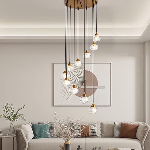 Miniatura 6 de Maxax Candelabros de techo de cristal de 10 luces, lámpara colgante grande de gota de lluvia moderna de montaje empotrado, lámparas de techo de