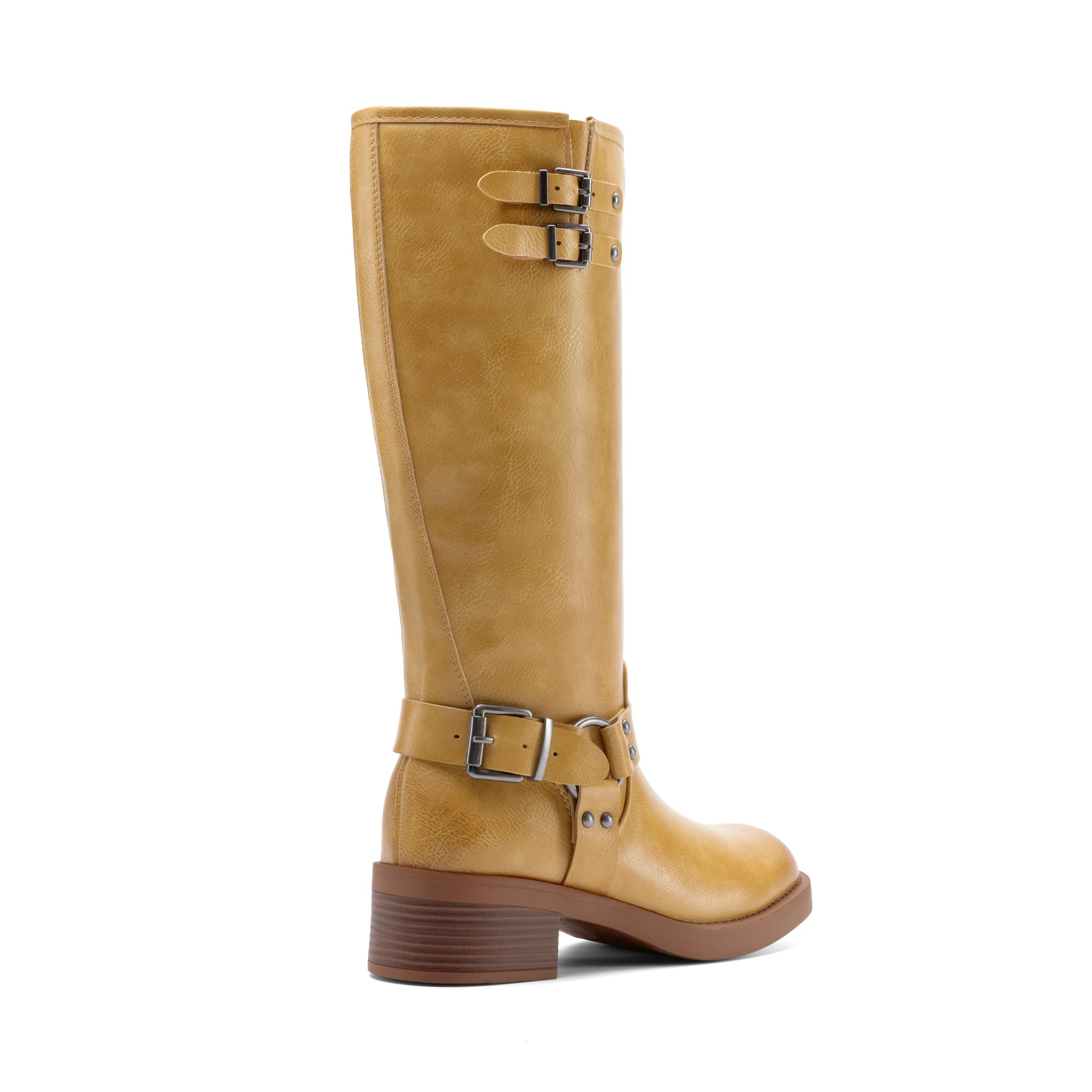 DREAM PAIRS Damskie buty do kolan z bocznym zamkiem błyskawicznym buty motocyklowe kwadratowy nosek masywny niski obcas modne klamry buty jeździeckie