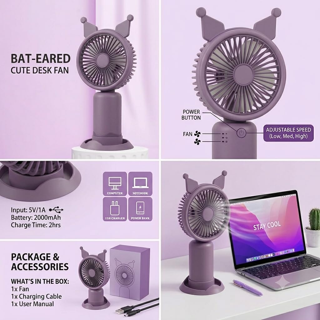 Cute Cartoon USB Desktop Fan, Purple, Portable Mini Table Fan with USB Charging Cable 2