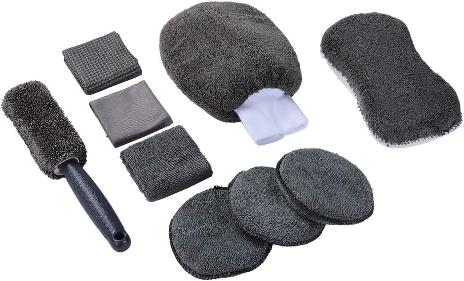 VEHTRI Car Cleaning Kit 9 Pcs, Car Wash Tools Kit with Soft Microfiber Cloth Towels, Wash Mitt Sponge, Detailing Auto Clean Tools Supply Set with Bag (Grey)-image-47