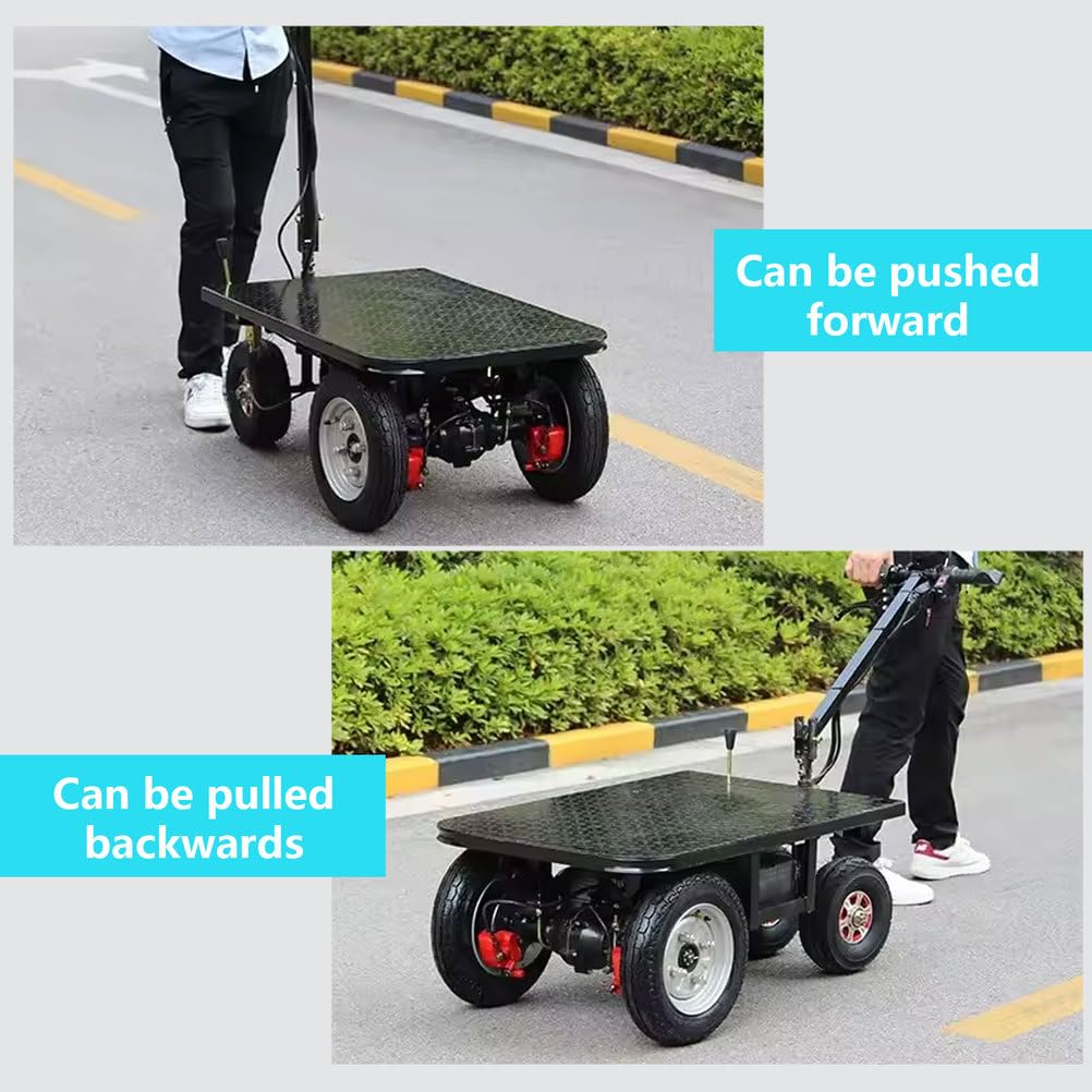Carrello elettrico per camion con piattaforma, carrello mobile resistente con ruote e sedile per trasporto bagagli e carichi, design piatto per un facile carico e manovrabilità