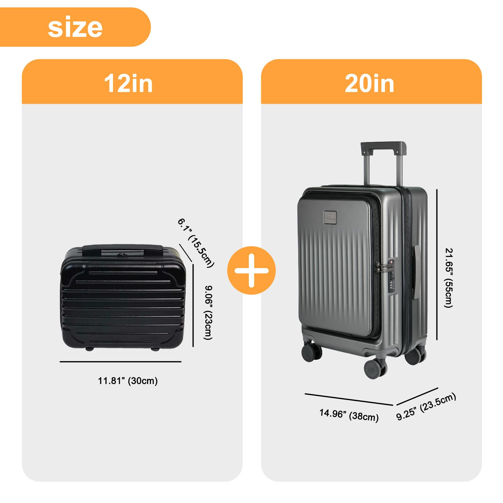 MYBOX Juego de equipaje de 2 piezas con equipaje de mano de 20 pulgadas y funda de viaje de 12 pulgadas, maleta de bolsillo frontal con ruedas giratorias, puerto USB y portavasos, equipaje rígido