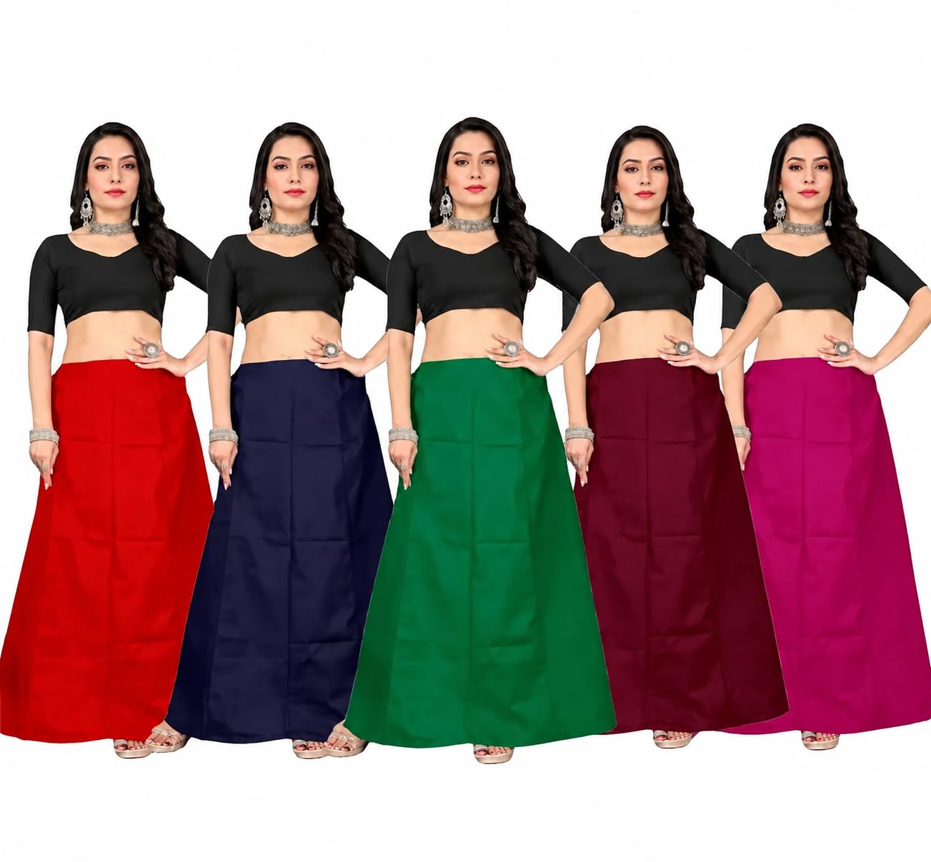 Poplin Cotton Petticoat Pack of 5 Combo, 5 Pieces, Red, Navy Blue, Green, Maroon, Rani Color Free Size-image-4