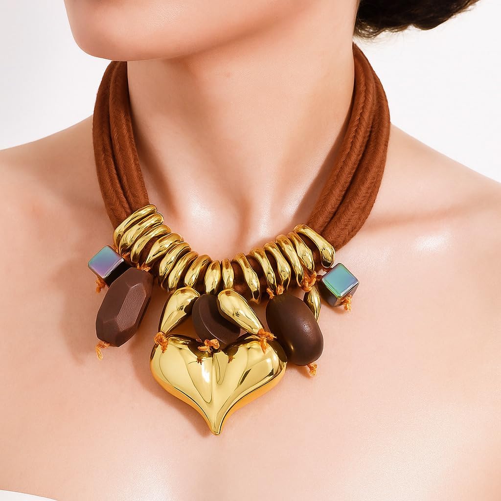 Gold Color Heart Pendant Necklace for Women Rope Chain Chunky Statement Stone Fashion Wood Bead Handmade Unique Bold Jewelry - Image 3