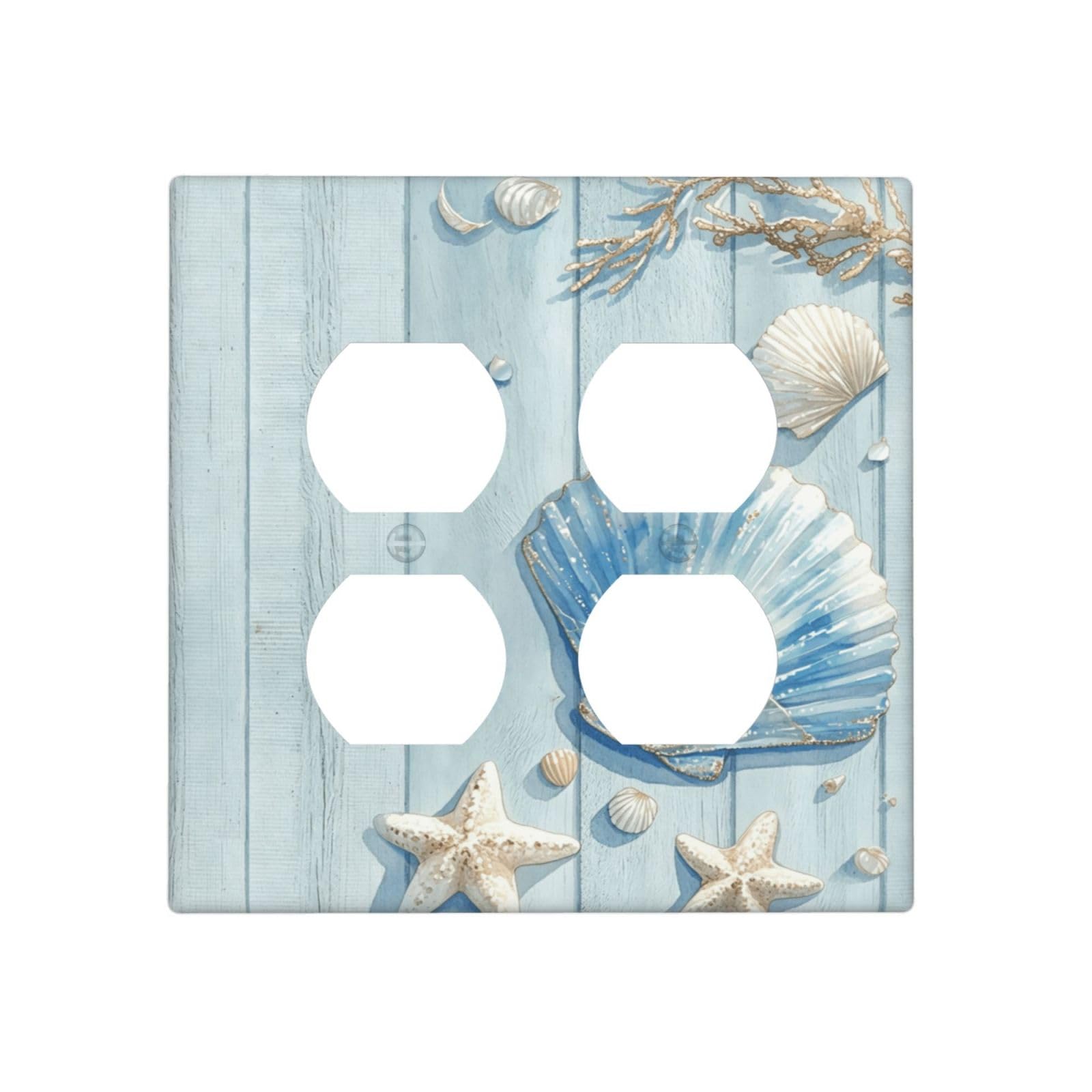 Dwbguo Decorative Outlet Covers Coastal Seashell Starfish 2 Gang Wall Plate Double Duplex Receptacle Nautical Watercolor Blue Wood Beach Light Switch Covers Switch Plate Cover Bathroom Home Decor