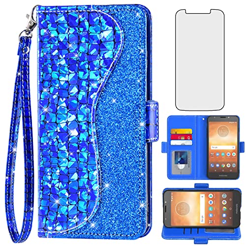 Asuwish Phone Case for Moto E5 Play E 5 Cruise 5E Go Wallet Cover with Screen Protector and Wrist Strap Flip Card Holder Bling Glitter Stand Cell Motorola MotoE5play MotoE5 E5play Women Girls Blue
