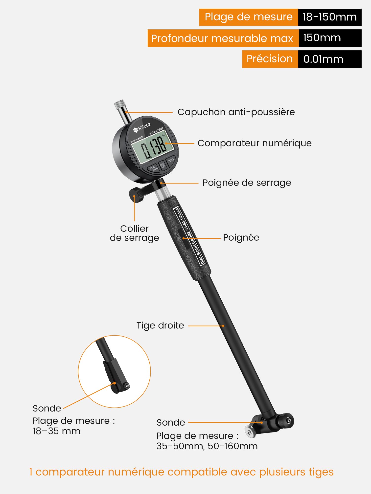 Neoteck Jauge d’Alésage Digitale 18-160mm – Mesure Intérieure Haute Précision 0,01mm – Jauge Cylindre & Contrôle Dimensionnel Profond pour Atelier Mécanique, Métrologie et Moteurs-Noir