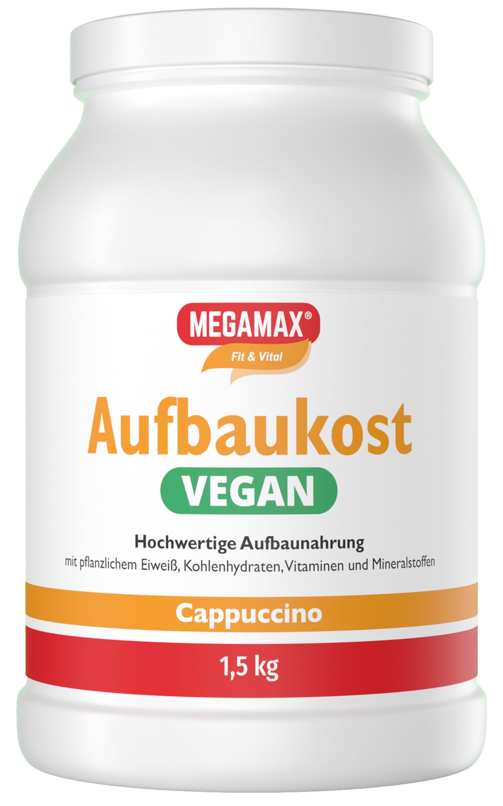 MEGAMAX Aufbaukost VEGAN Cappuccino 1.5 kg -Ideal bei Masseaufbau und Mangelernährung -Proteinpulver zur Zubereitung eines fettarmen Kohlenhydrat-Erbsenprotein Getränkes für Muskelmasse als Massgainer
