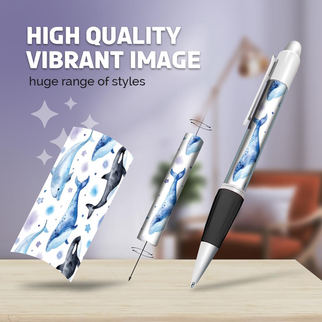 Set of 4 White Ballpoint Pens (Photo Insert) - Watercolour Whales & Dolphins Pattern - Soft Feel Finger Grip #170919 - Image 2