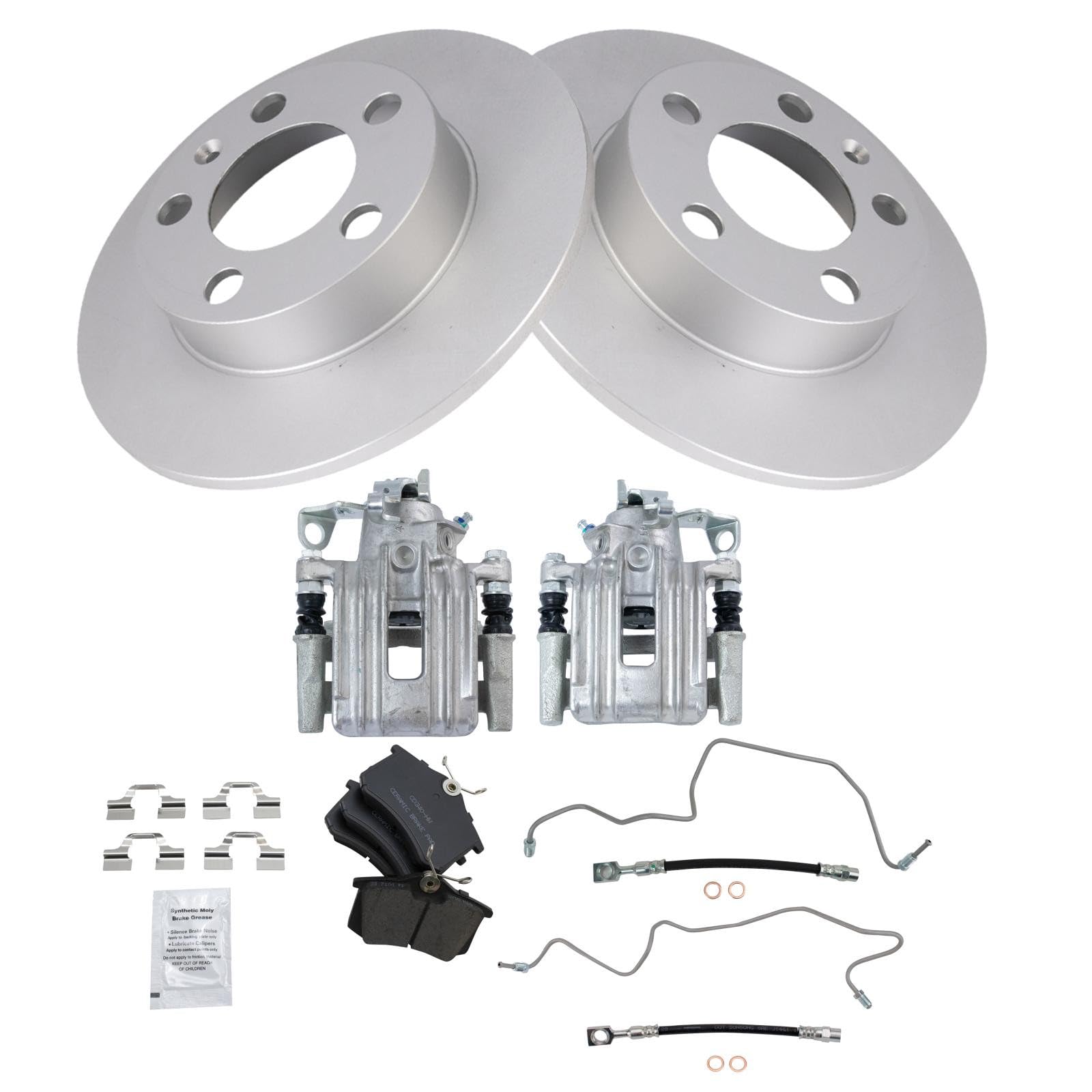 TRQ Rear Brake Pad and Rotor Set Ceramic Coated Rotors Calipers Compatible with 1999 Volkswagen Jetta