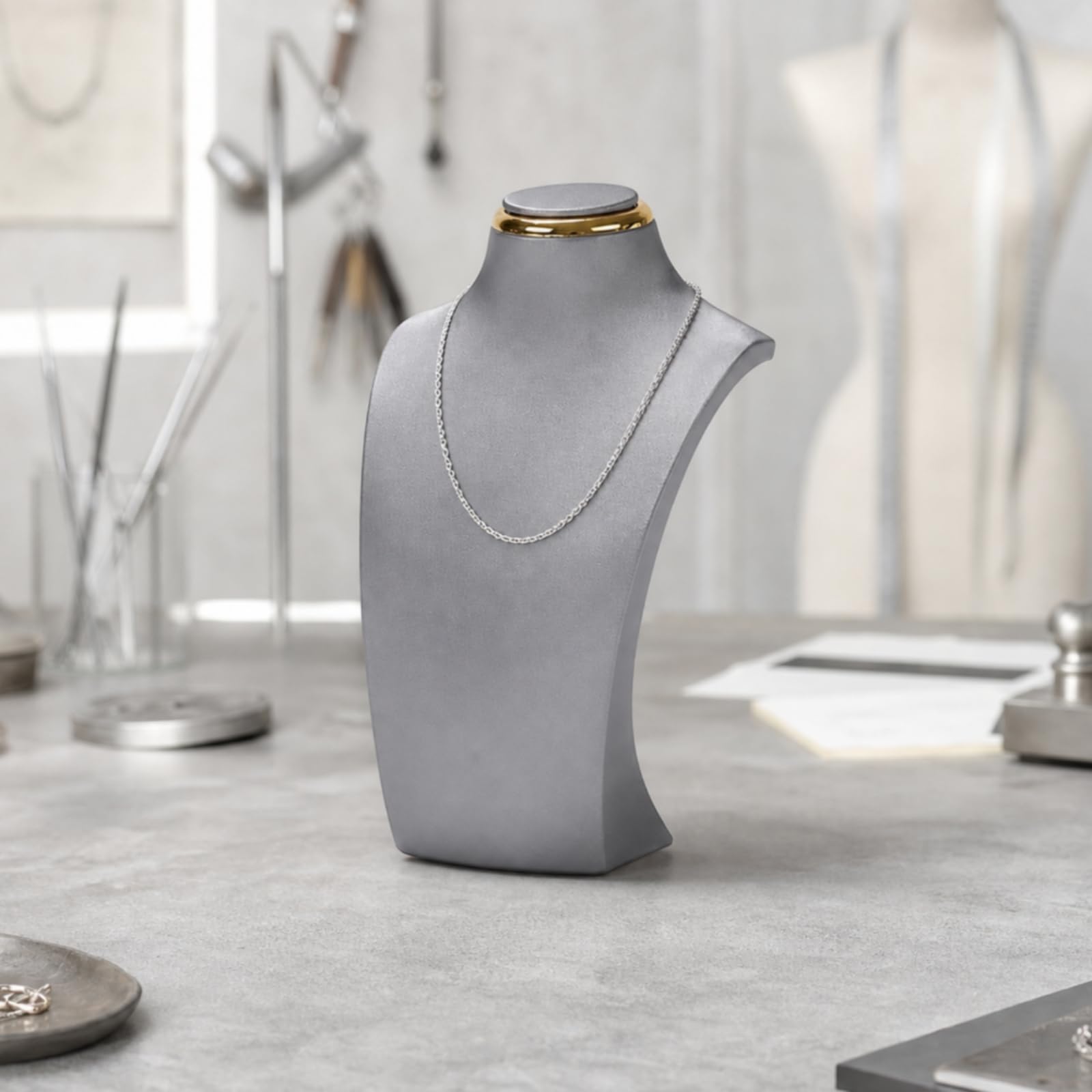 Buste de Collier Mannequin Présentoir, Moyen, Présentoir De Bijoux Buste De Mannequin, Couleur Gris Clair, Modèle ED03203, Dimensions 14x7x26cm