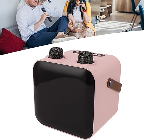 Miniatura 5 de Juego de altavoces de micrófono portátil, máquina de karaoke recargable por USB con 2 micrófonos inalámbricos para el hogar (rosa)