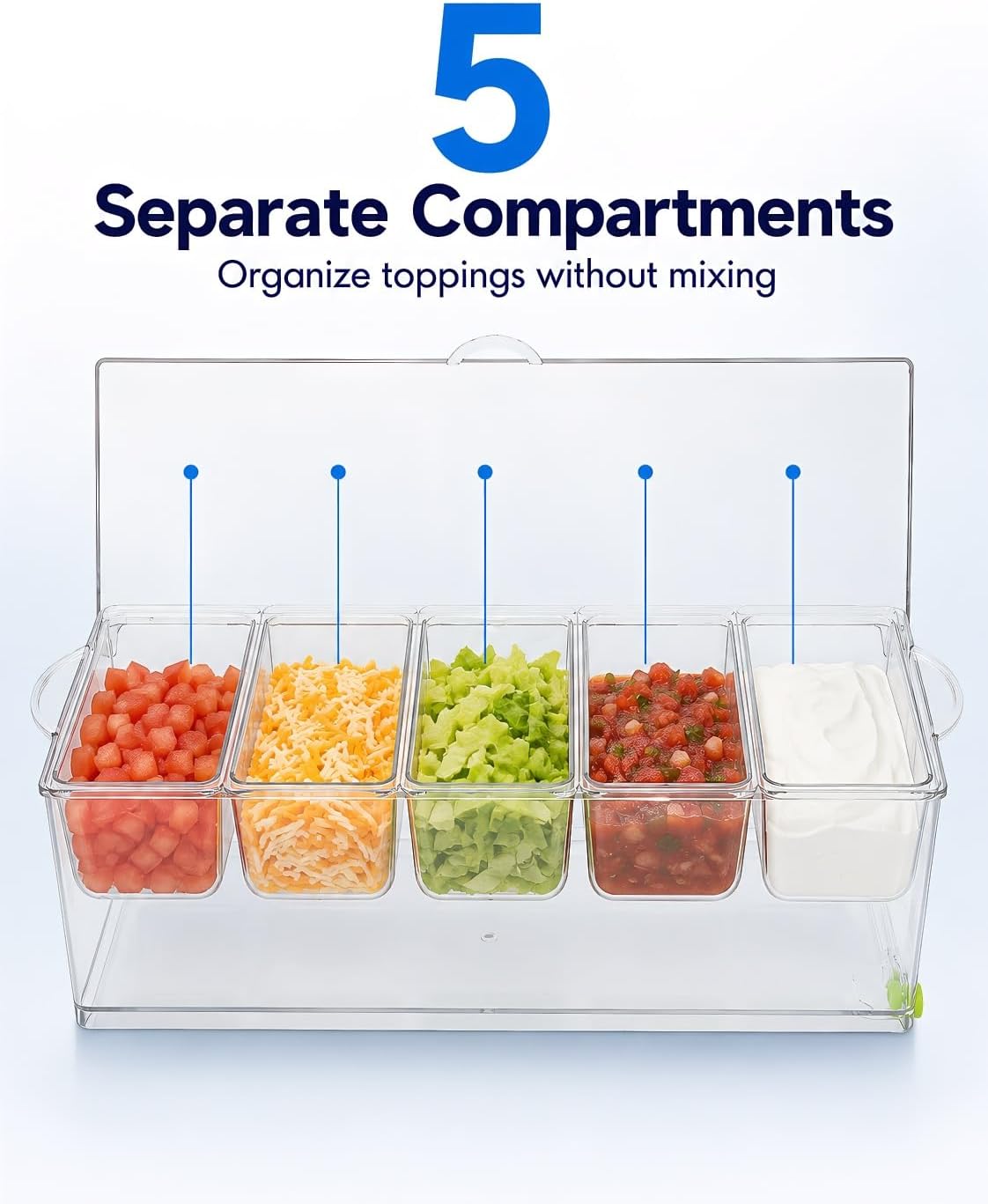 Mikikit Chilled Condiment Server with Lid, 5 Compartment Serving Tray