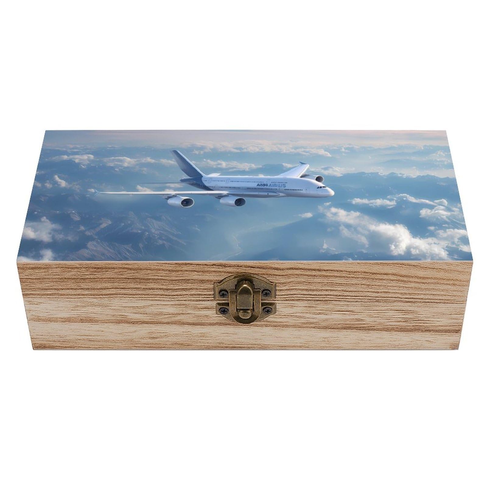 HLBSDM Blue Sky Flying Aircraft Airplane Wooden Box with Hinged Lid Decorative Storage Case Container