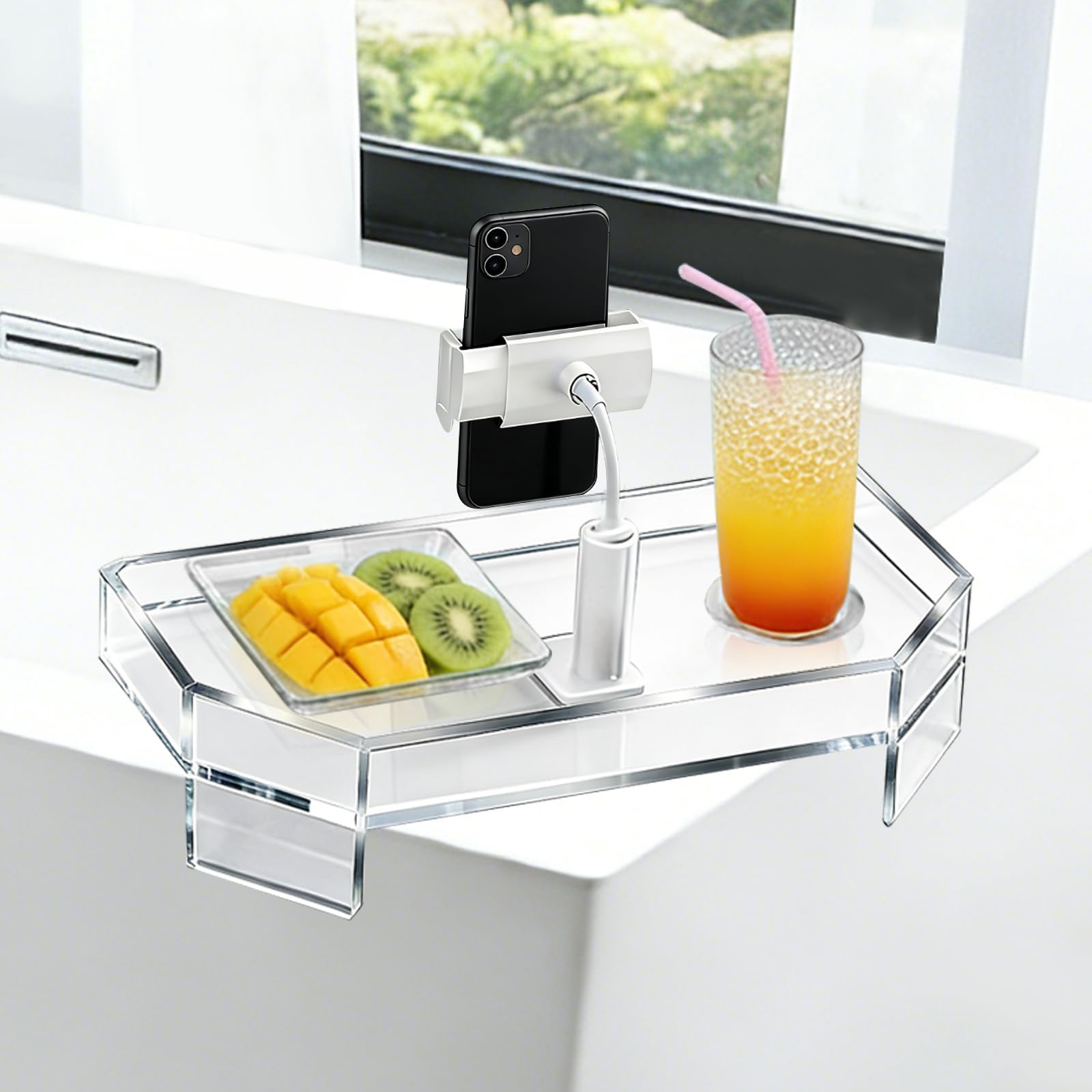 - Clear Acrylic Bath Tub Tray Hot Tub Tray with Adjustable Phone&Tablet Holder, Modern Bath Table Tray for Bathtub,Spa Bath Caddy That Can Be Used as a Hot Tub Side Table,Fits Freestanding Square Tubs