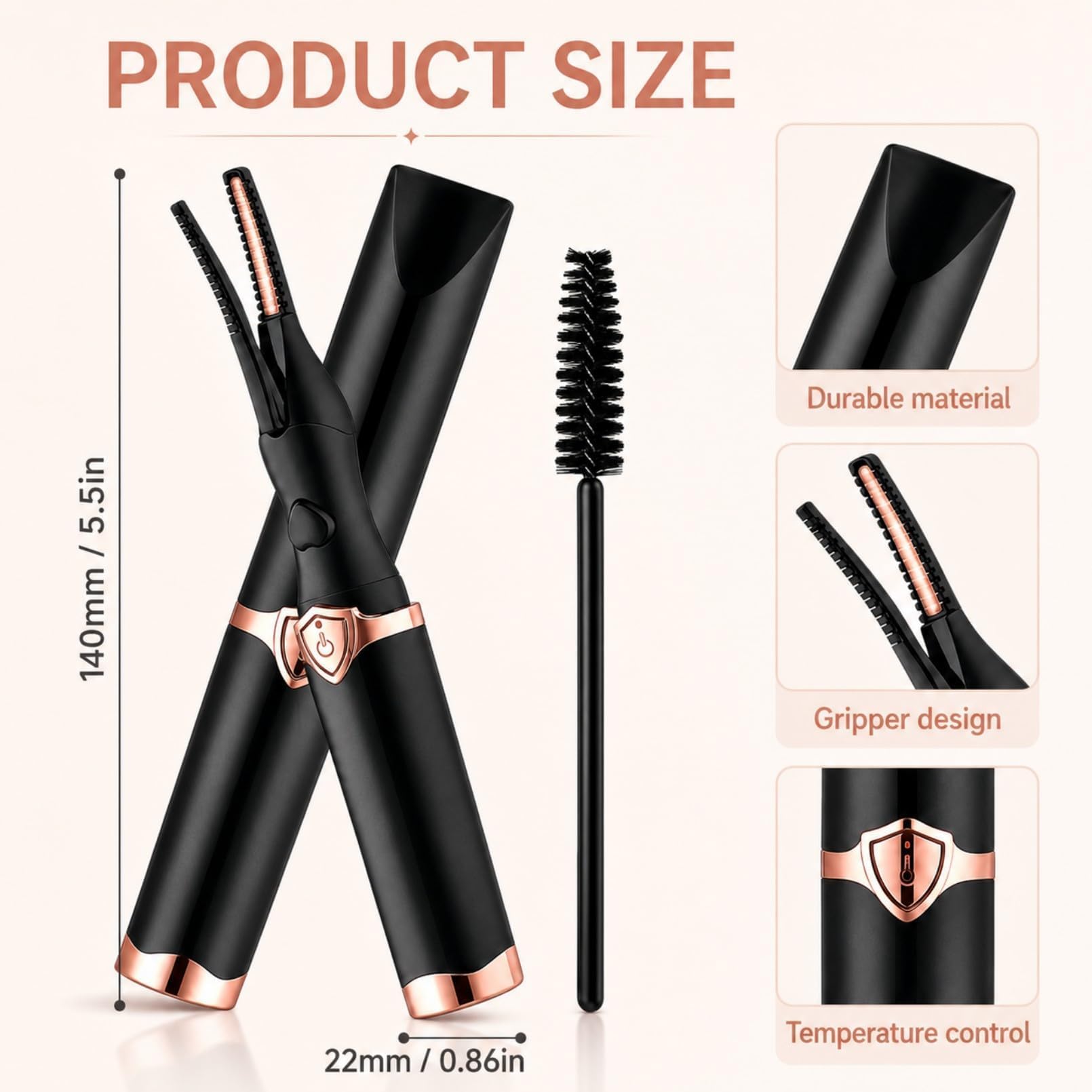 Rizador Pestañas Electrico, Heated Eyelash Curler con Termico Calienta en 10 seg 3 Accurate Temperaturas Hasta 95°C para Longue Efecto 24 Horas, Auto Off, Uso Rápido y Sencillo, Recargable por USB