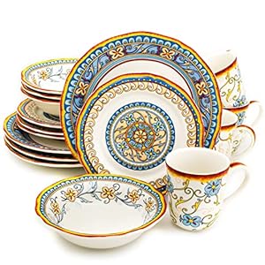 Euro Ceramica Duomo 16 Piece Stoneware Dinnerware Set, Service for 4 – Thanksgiving-Fall-Summer Dishes – Floral Design, Multicolor