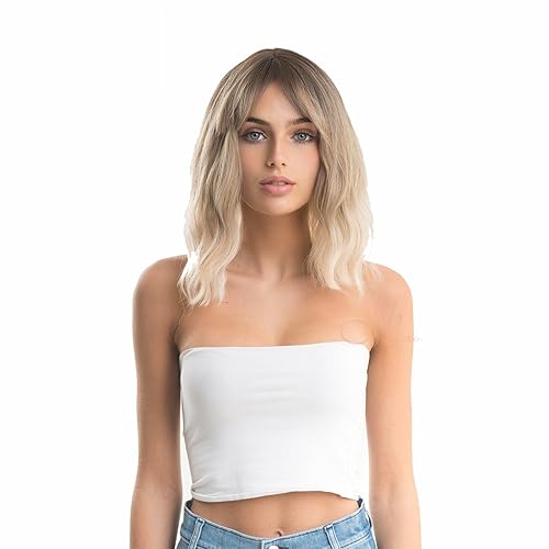 SASHA - Peluca corta ondulada con flequillo, mezcla de rubio, balayage, rizada, longitud al hombro, sin pegamento, para fiesta, Halloween, pelucas