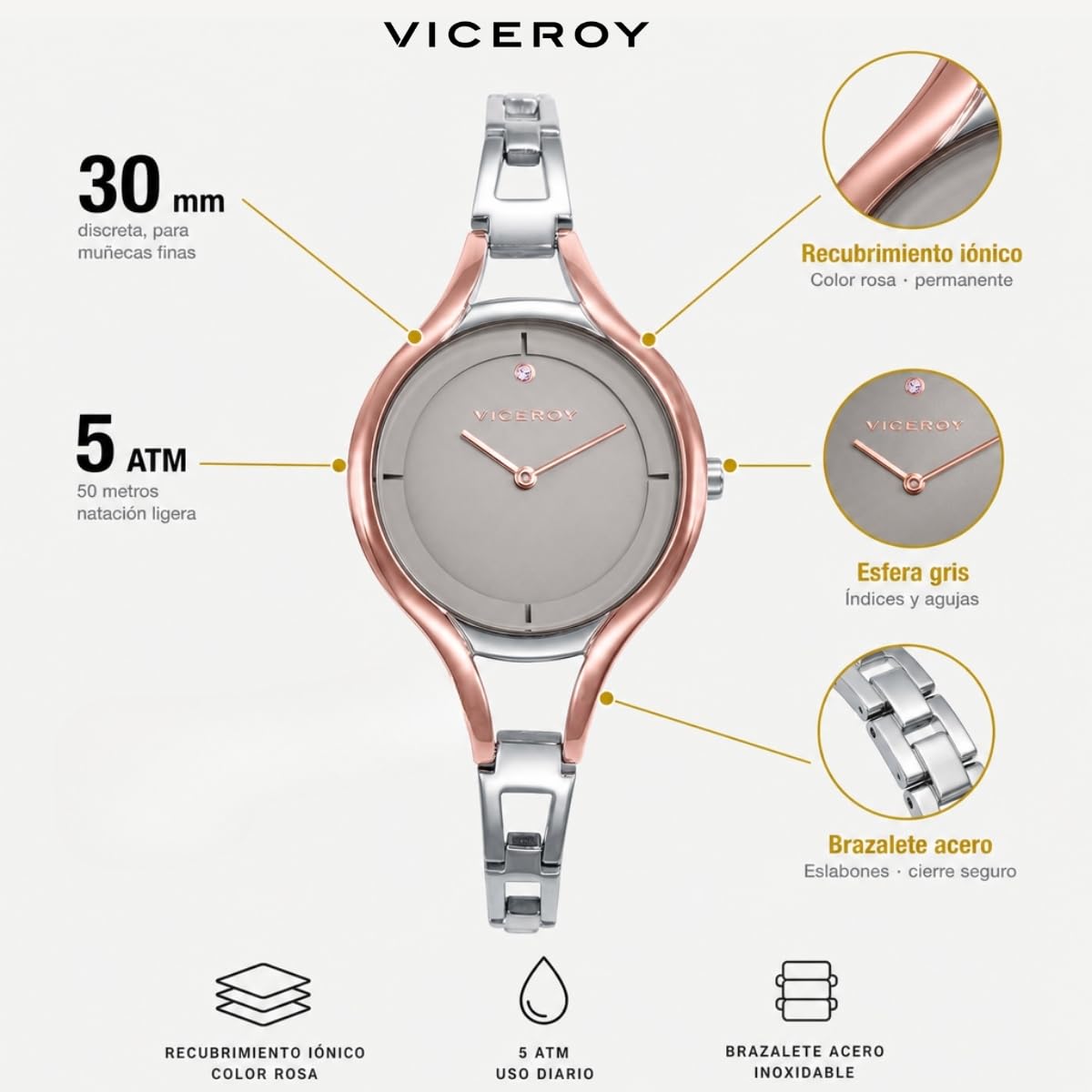 Viceroy Damenuhr Analog aus leichtem Edelstahl - 30 mm - Quarzwerk - Graues Zifferblatt - Wasserdicht 5 ATM - Schmales Armband - Air-Kollektion – 42448-17