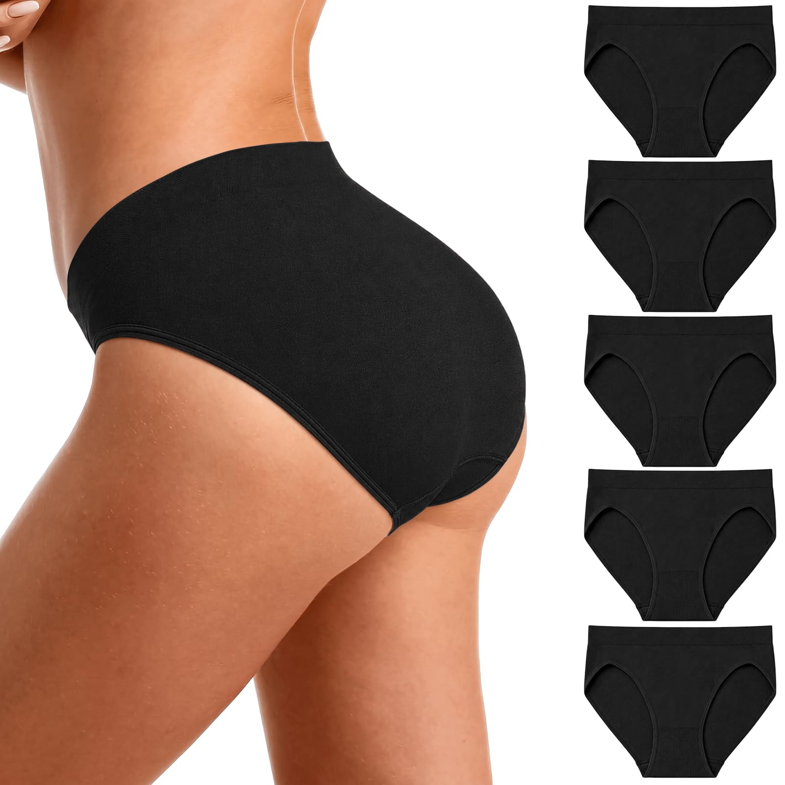 Women’s Hi Cut Seamless Underwear, Mid Rise Nylon Spandex Full Coverage Briefs, Soft Stretch Panties, Multi Pack