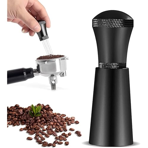 Aluminum Coffee Distribution Tool, Coffee Needle Distributor, 0.3mm Thick Stainless Steel 7 Needles Tool Coffee Distribution for Barista (4 Replacement Needle) (Black)