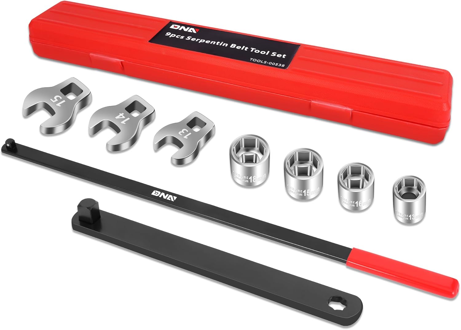 DNA MOTORING 9pc Serpentine Belt Tool Set, Install Remove Serpentine Belts For Spring Loaded, With Case, TOOLS-00538