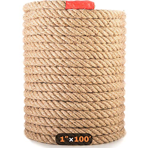 Manila Rope 1″×100′ - Nautical Ropes - Natural Jute Rope - Large Decorative Hemp Rope - Thick Heavy Duty  (1 Inch 100Ft)