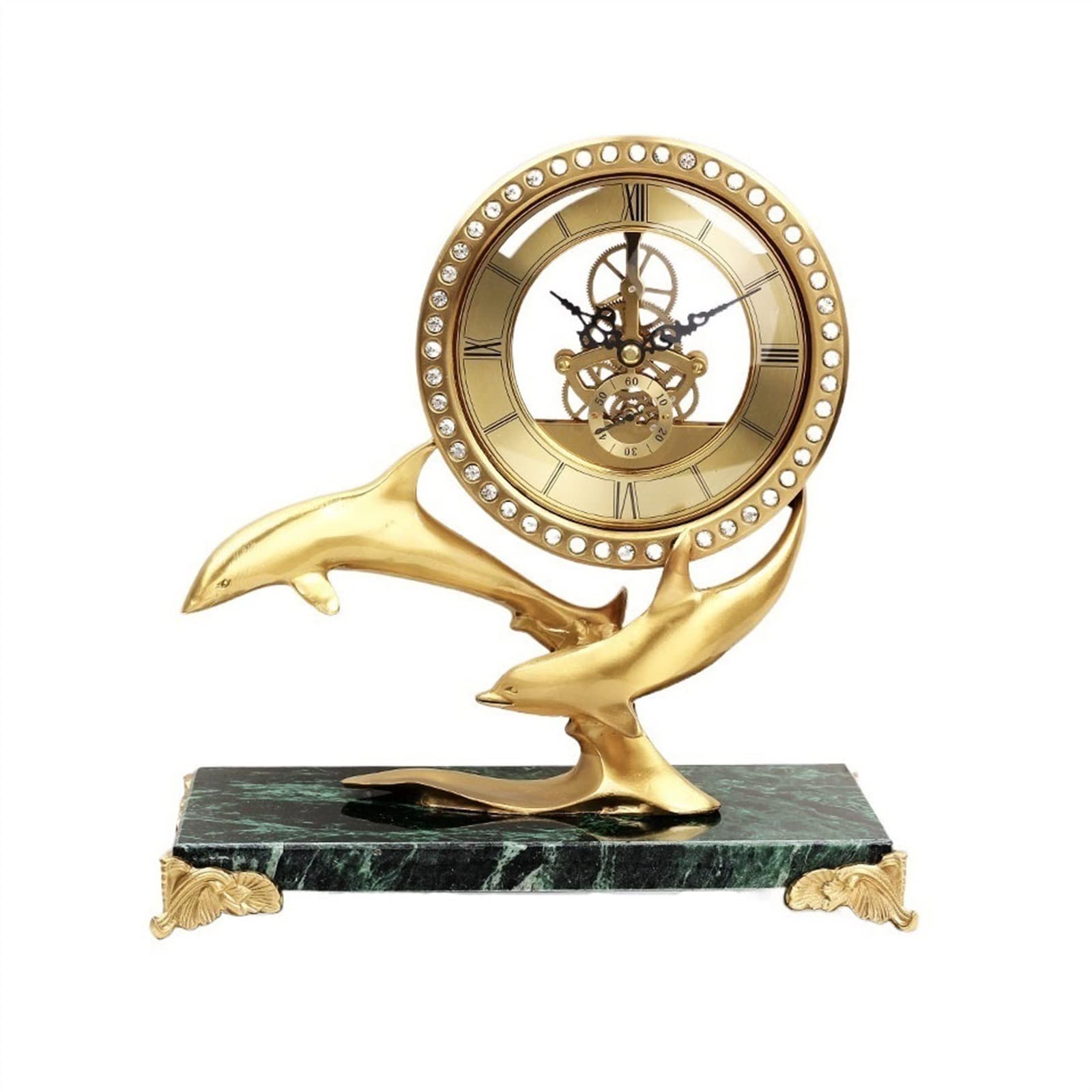 Reloj de mesa de cobre europeo con diseño de delfín moderno para adornos de hogar
