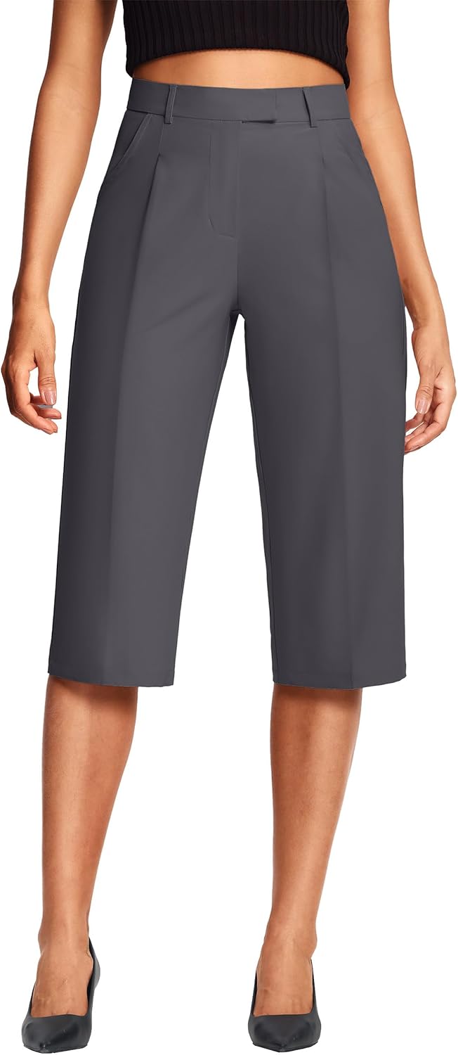 18'' Capri Pants for Women Relaxed Fit Dressy Capris Pant Pleated Business Casual Work Trousers with Pockets