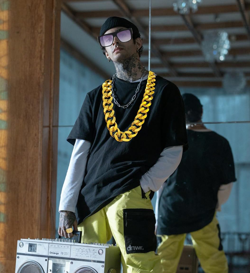 Hip Hop Costume Kit 80s 90s Accessories Outfit for Men Rapper Sunglasses Chain Bracelet Dollar Sign Necklace Ring Kanji Ring Halloween Party Decorations - Image 5