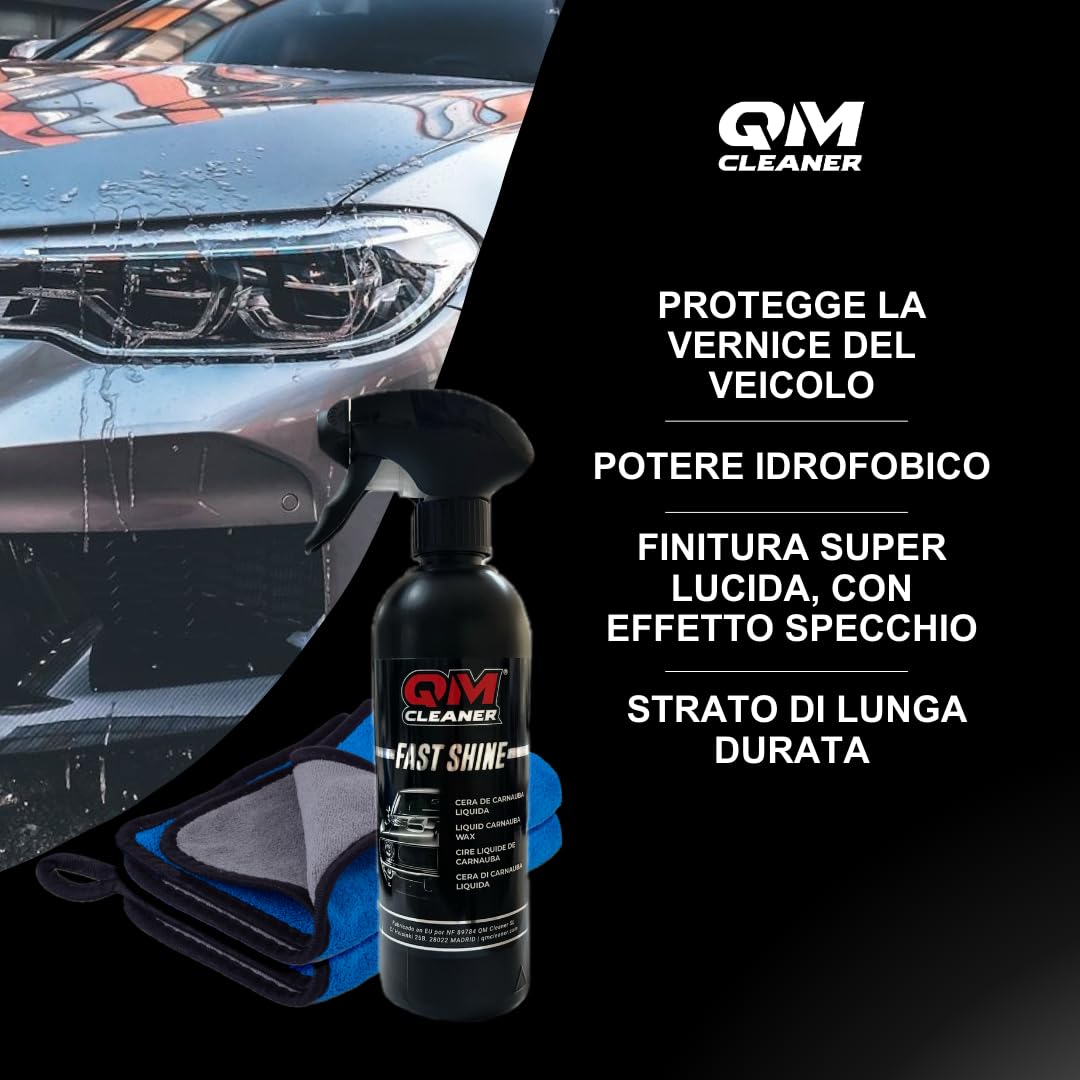 QM Cleaner Kit di Pulizia e Lucidatura per Carrozzeria Auto e Moto | Kit esterno Include Shampoo Concentrato 500ml, Cera Liquida di Carnauba 500 ml, 1 Guanto e 2 Panni in Microfibra