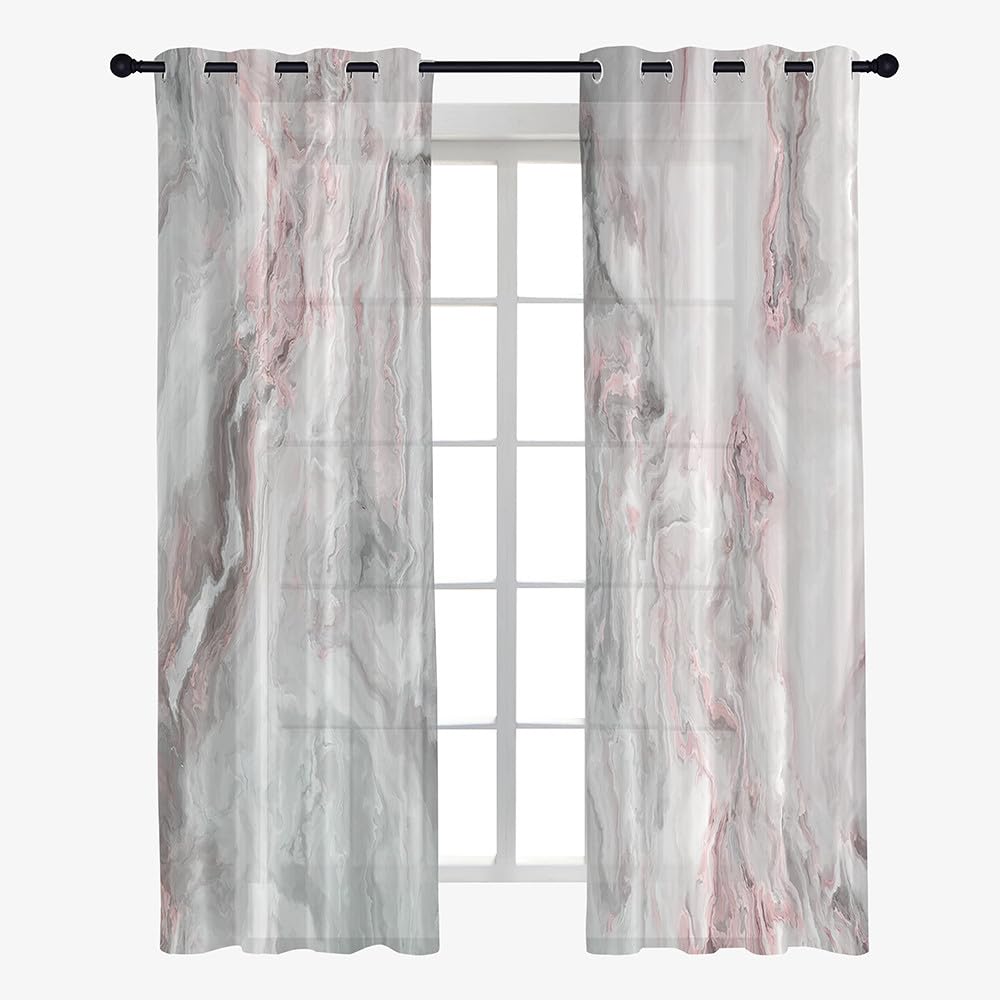Surwin Translucidas Cortinas Salon, Dormitorio, Cocina - Cortinas y Visillos Estampadas de Mármol, Visillos Cortos para Ventanas, 2 Piezas Cortina con Ojales (140x160cm,Gris Rosa)