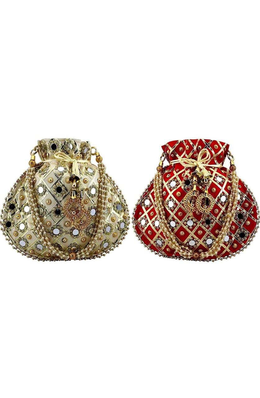 Shree Fashion Indian Handicraft Women's/Girls Silk Ethnic Rajasthani Potli Bag Golden and Maroon(Beige
