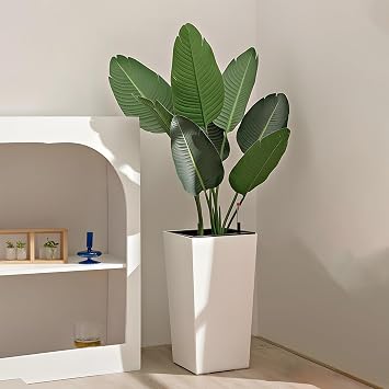 Tall Square Planter Outdoor Indoor,21.6" Large Resin Tall Plant Pots with Visual Water Level Dual Buckle and Tray Outdoor Planter for Garden Trees Flowers White 1pc