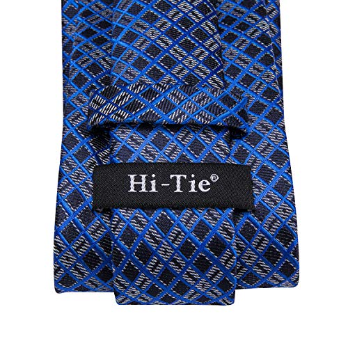 Image of Hi-Tie Men 63inches Tie Set Extra Long Necktie Paisley Tie Pocket Suqare Cufflinks Big and Tall Men Tie,Blue Plaid