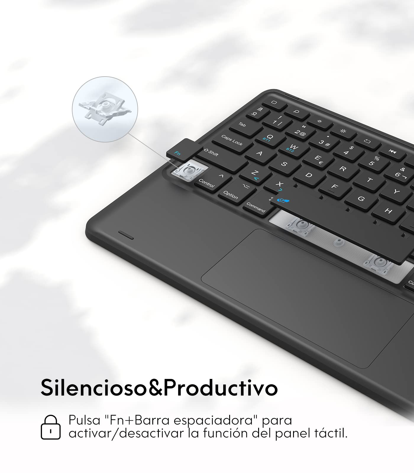 Earto Funda con Teclado para iPad de 10.2" 9ª/8ª/7ª generación (2021/2020/2019), 2 Canales Bluetooth, Teclado Desmontable Bluetooth, Teclado Español con Touchpad Inteligente(tecla Ñ), Negro