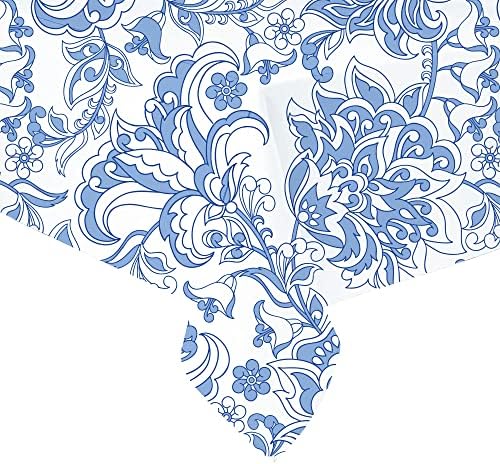 Fabric Tablecloth for Rectangular Table, Table Cloth Premium Performance Soft Linen 55 x 85 Inches, Stain and Wrinkle Resistant, Blue Damask Rectangle Tabletop Table Cover (Blue White Tablecloth)
