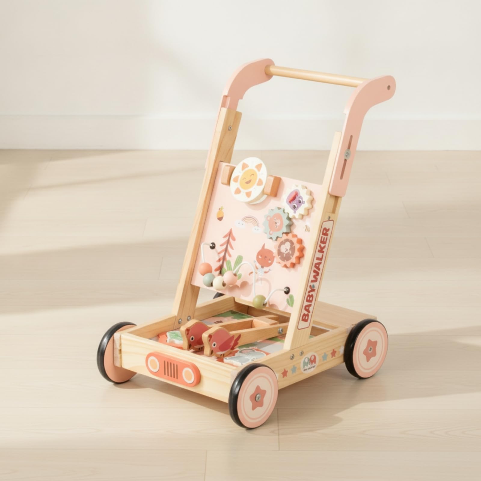 Amagogo Kinder Lernlaufwagen Holz Lauflernwagen Spielcenter Schiebewagen Aktivitätsboard mit Tiermotiven Zahnrädern Perlenbahn Robuster Rahmen Vier Räder