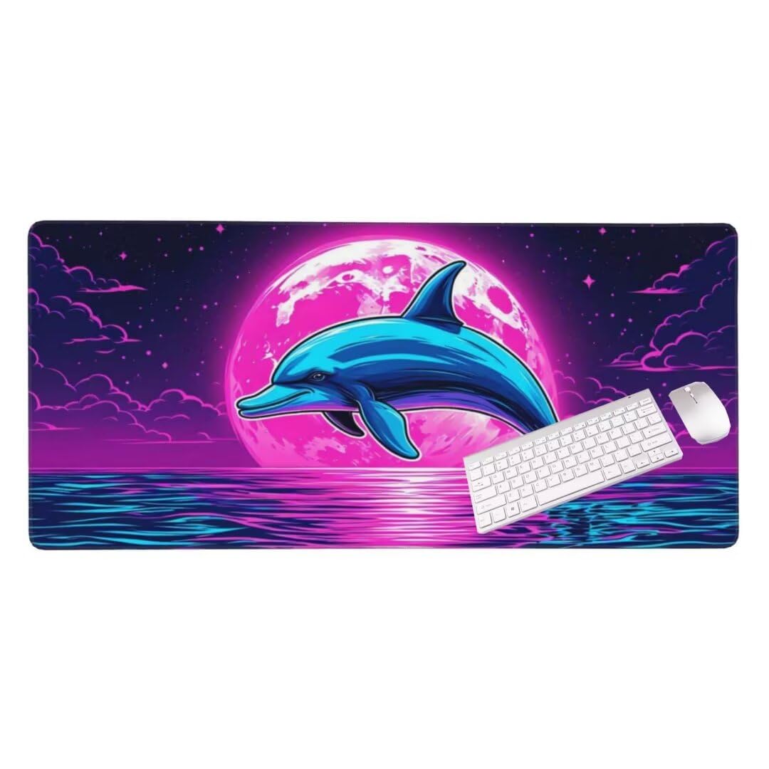 Alfombrilla de ratón 1400x600x3 MM, Alfombrilla Ratón XXL Extendida de Gran Tamaño con Bordes Cosidos, Base de Goma Antideslizante Almohadilla para Teclado, Delfín de la Luna S-12311
